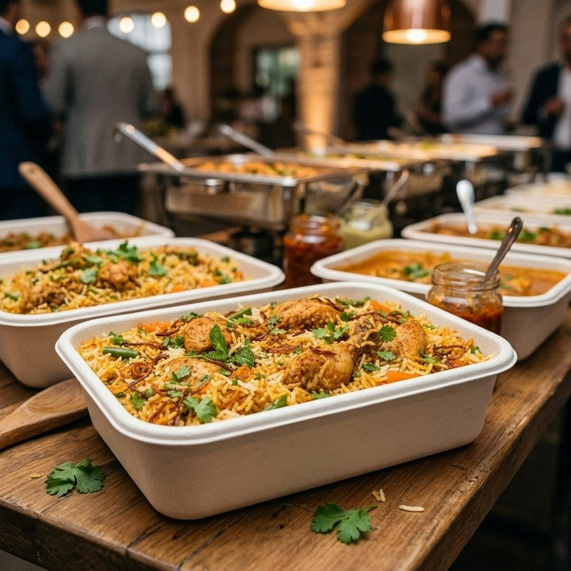 Multiple Zeropac trays with chicken biryani on table at catering event