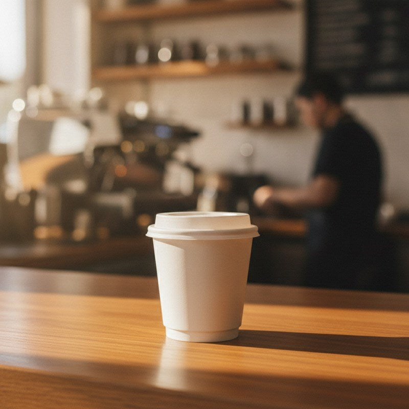 Person holding takeaway coffee cup with Zeropac CPLA Lid 4oz at cafe counter