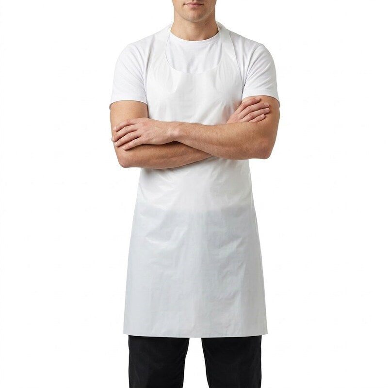 Man wearing Zeropac White Disposable Apron 1320 x 810mm on white background