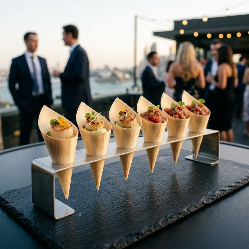 Zeropac wooden cones holding seared scallop canapes at upscale waterfront event
