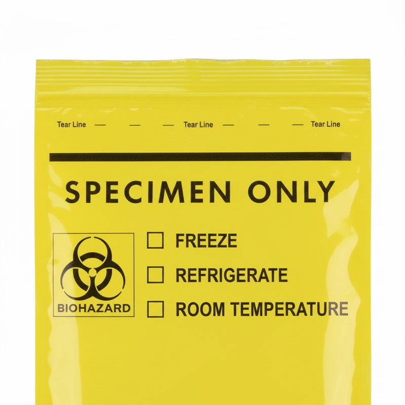 A close-up of the top portion of a yellow specimen bag showing the tear line, "SPECIMEN ONLY" text, and storage requirement checkboxes.