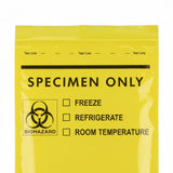A close-up of the top portion of a yellow specimen bag showing the tear line, "SPECIMEN ONLY" text, and storage requirement checkboxes.