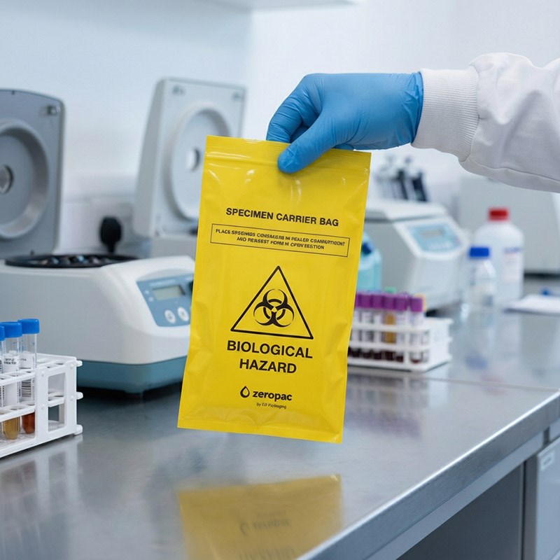 A laboratory worker holding a yellow Zeropac specimen carrier bag in front of laboratory equipment like centrifuges and test tube racks.