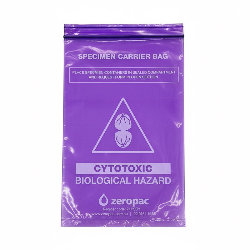 Front view of a purple Zeropac cytotoxic biological hazard specimen bag for specialized medical waste handling.