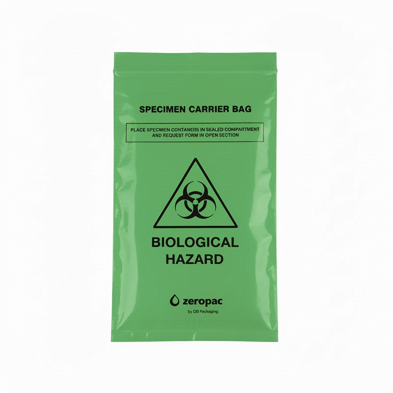 A flat lay of a green Zeropac biological hazard specimen bag with black printed safety instructions.