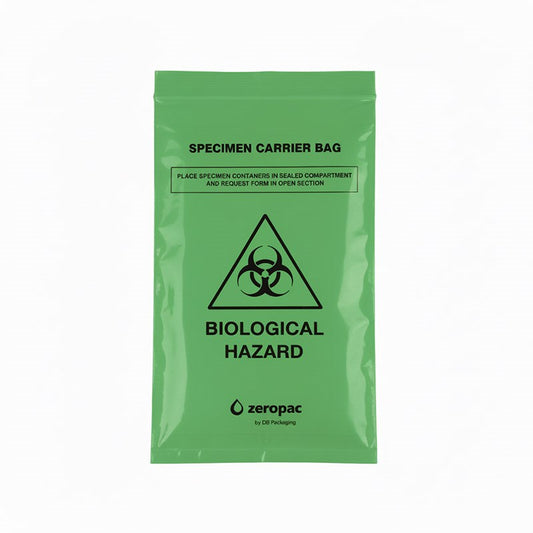 A flat lay of a green Zeropac biological hazard specimen bag with black printed safety instructions.