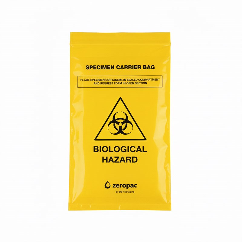 A direct front-facing view of a yellow Zeropac specimen carrier bag with a black biohazard symbol and printed handling instructions.