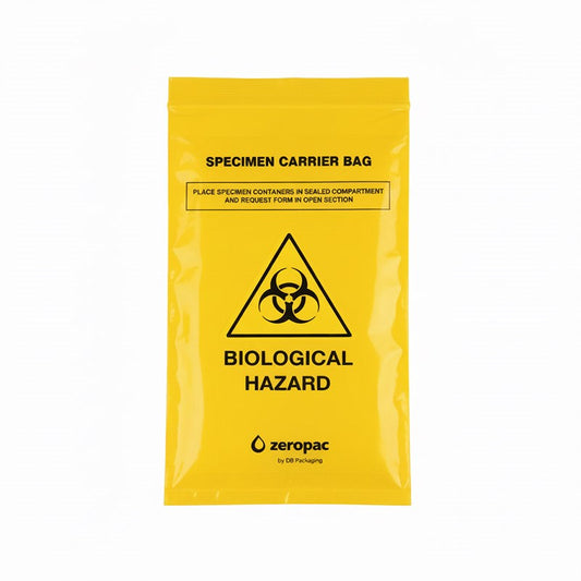 A direct front-facing view of a yellow Zeropac specimen carrier bag with a black biohazard symbol and printed handling instructions.