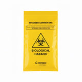A direct front-facing view of a yellow Zeropac specimen carrier bag with a black biohazard symbol and printed handling instructions.