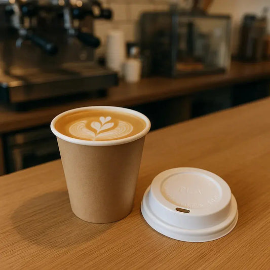 Compostable Takeaway Coffee Cup in Cafe with PLA Lid