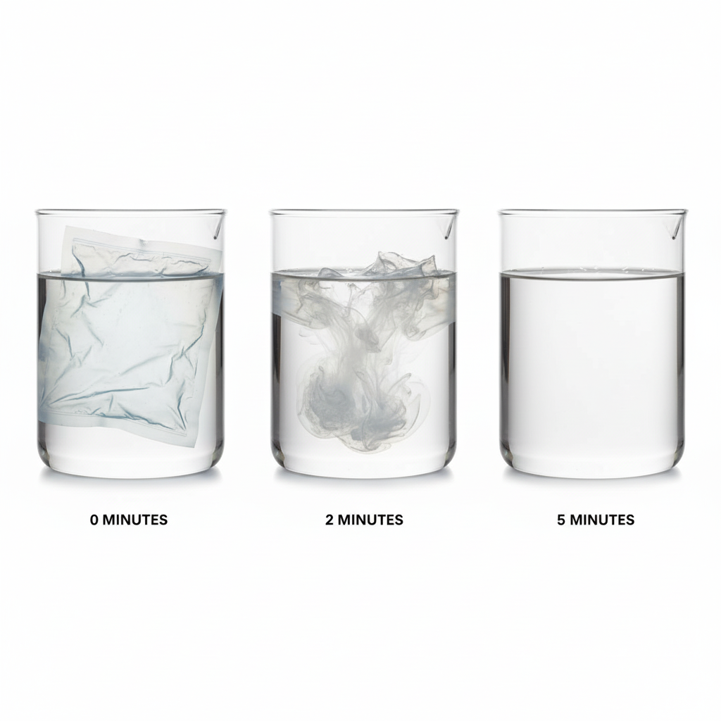 Dissolvable sterilisation bag dissolving in warm water in 2 to 5 minutes