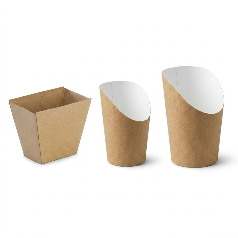 Zeropac chip cup collection with rectangular kraft chip box and 12oz and 16oz PLA coated scoop cups on seamless pure white background
