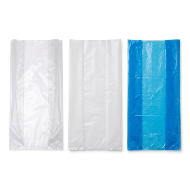 Zeropac carton liner range with clear, natural translucent, and blue variants laid flat with side gussets folded on seamless pure white background