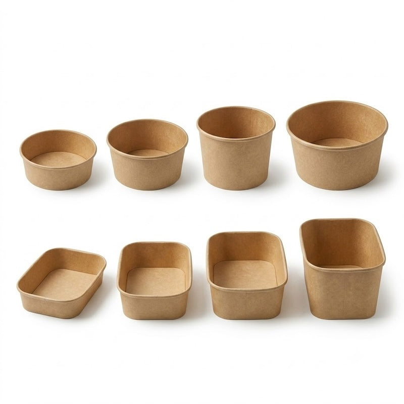 Zeropac kraft food container full range with four round kraft bowls squared to camera in the back row and four rectangular kraft containers on a diagonal angle in the front row, all sized ascending left to right on seamless pure white background