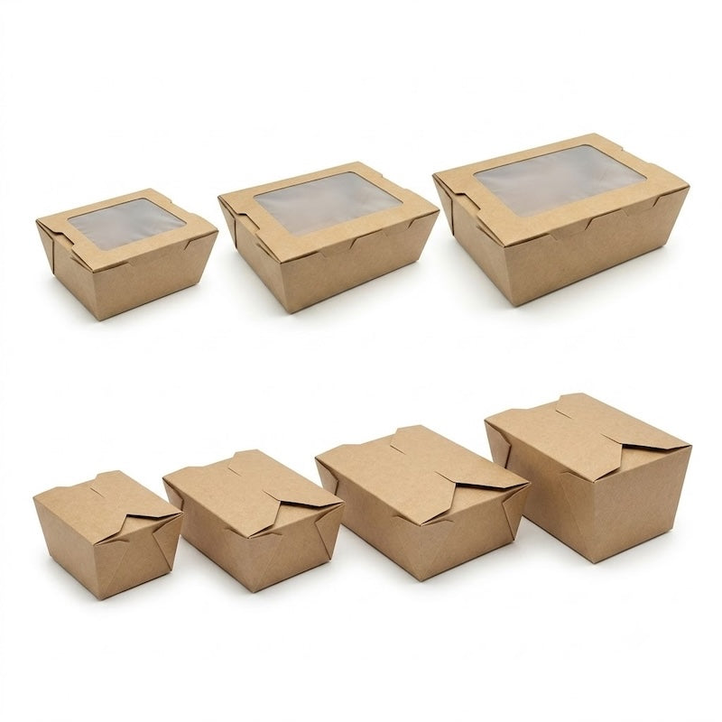 Zeropac kraft lunch box full range with three window lunch boxes in the back row and four plain tuck-fold lunch boxes in the front row, all on matching diagonal orientation ascending in size left to right on seamless pure white background