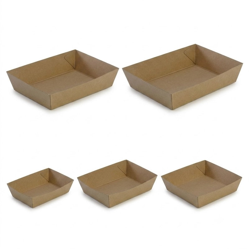 Zeropac kraft nachos tray range in five sizes aligned in a clean ascending horizontal lineup on matching diagonal orientation on seamless pure white background