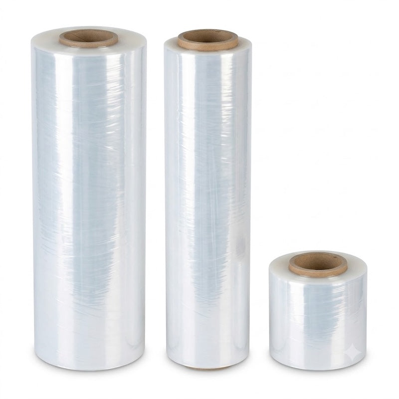 Zeropac clear polyethylene stretch wrap range with wide machine wrap on the left, narrower hand wrap in the centre both 500mm tall, and short 100mm bundle wrap on the right, all standing upright in a clean horizontal lineup