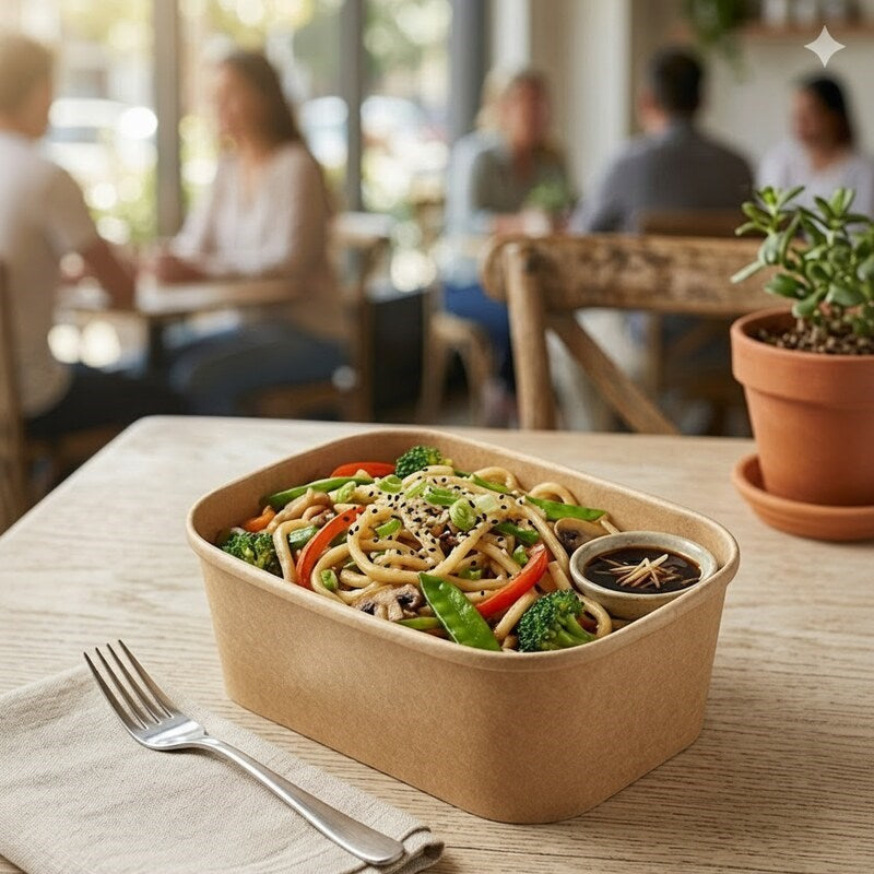 Person enjoying noodle meal in Zeropac Kraft Container at cafe table