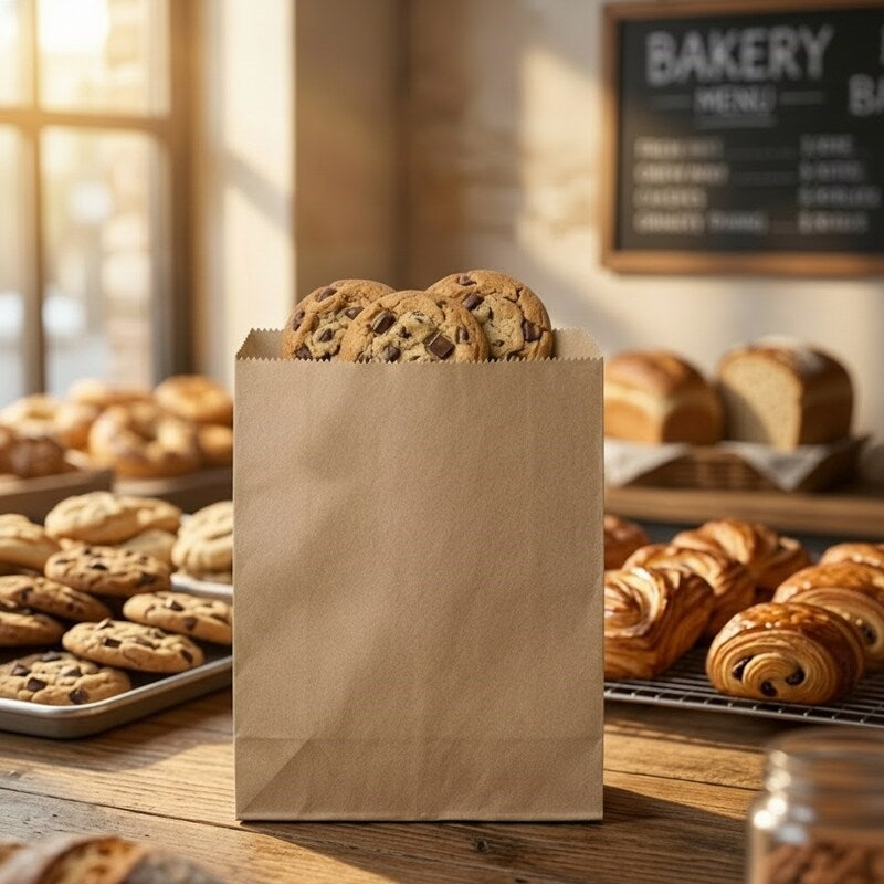 Zeropac Half Kraft flat paper bag with cookie in bustling bakery