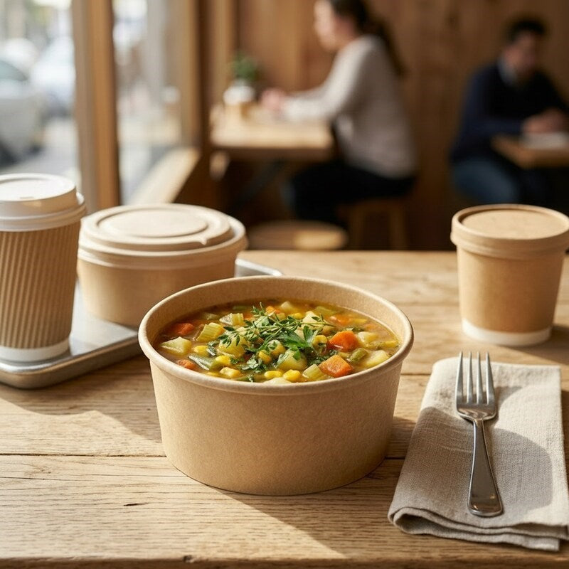 Person eating vegetable soup from a Zeropac bowl at a bright cafe table