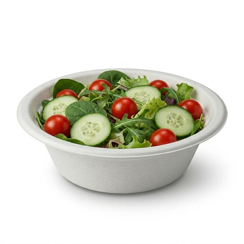 Zeropac 16oz bowl holding mixed green salad with tomatoes and cucumber
