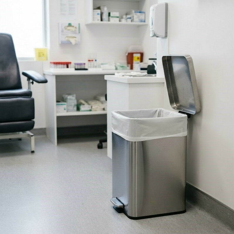 Medical clinic with stainless steel trash bin holding Zeropac white bin liner