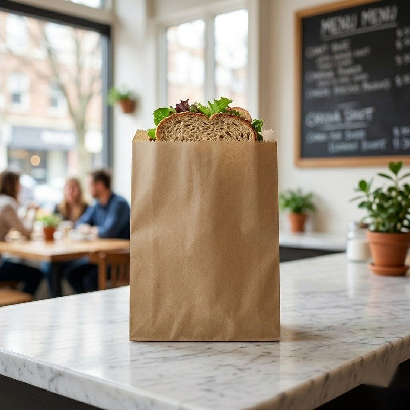 Brown glassine bag with sandwich displayed on counter in cafe with customers
