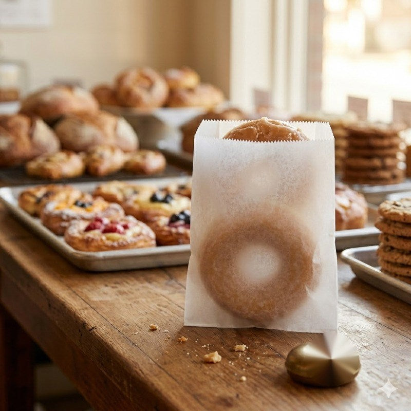 White glassine bag with baked goods on wooden counter with cookies and pastries