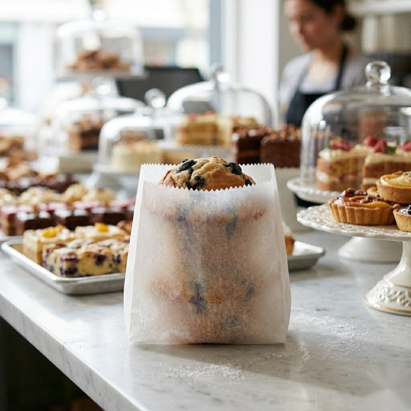 White glassine bag with blueberry muffin displayed on counter in bakery setting