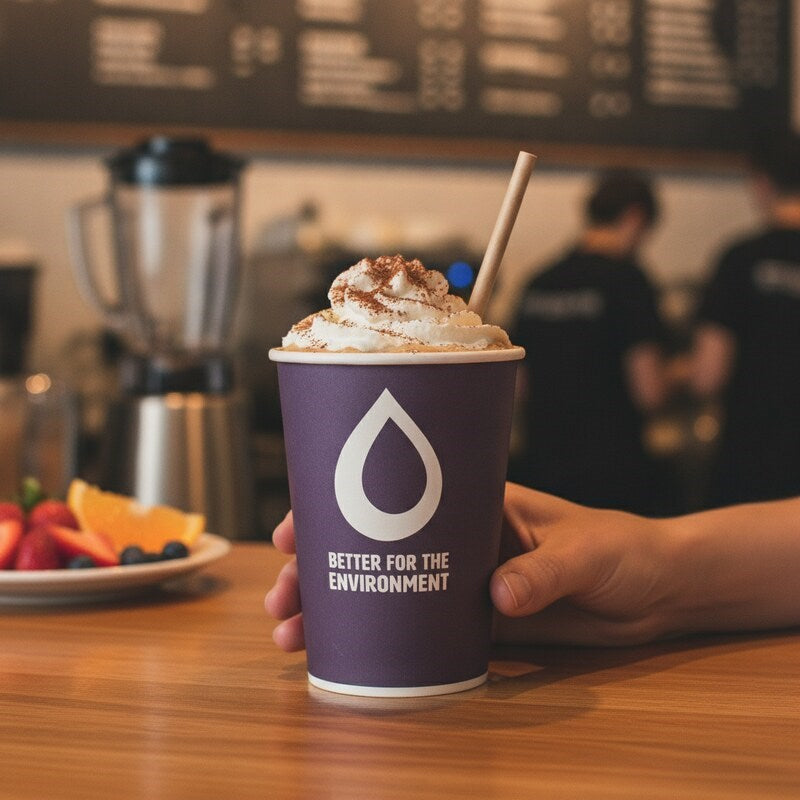 Person holding Zeropac 20oz Coffee Cup Aqueous at cafe with pastries