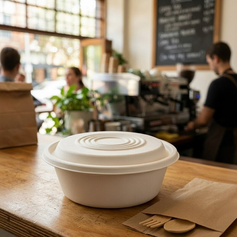 Zeropac sugarcane lid displayed on cafe counter in operational setting