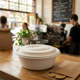 Zeropac sugarcane lid displayed on cafe counter in operational setting