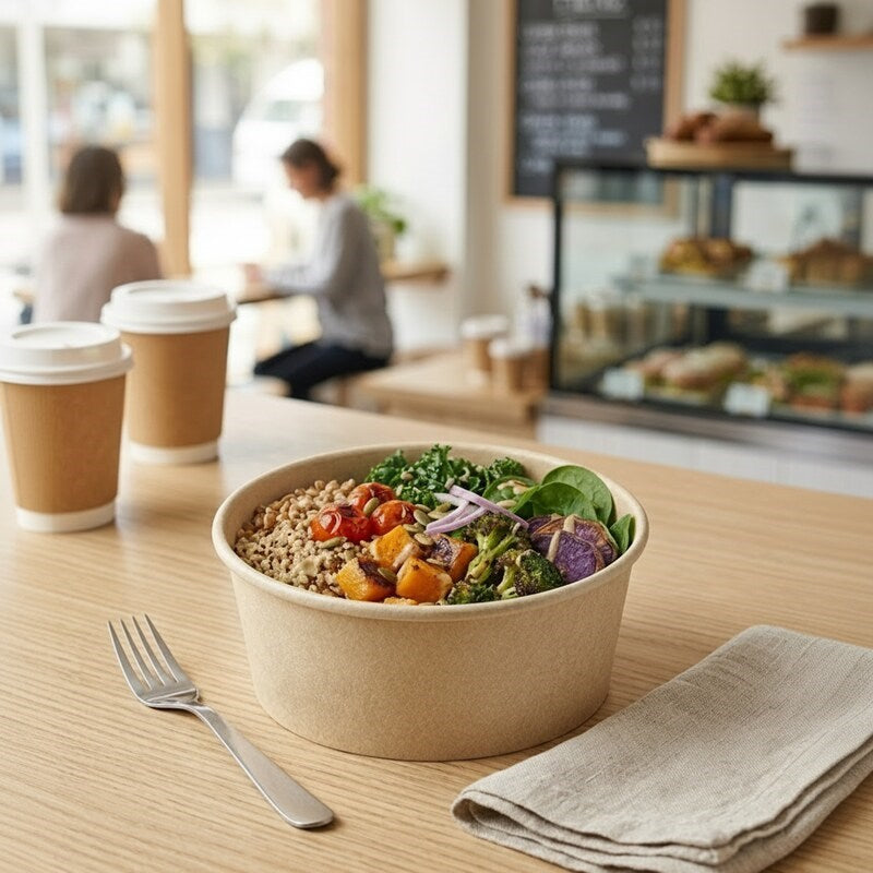 Person eating a grain Buddha bowl from a Zeropac container at a bright cafe