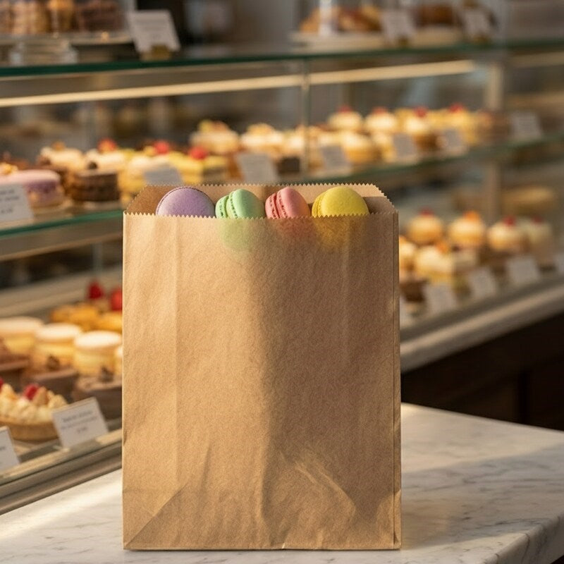 Assorted macarons in Zeropac 2F Kraft Flat Paper Bag at patisserie
