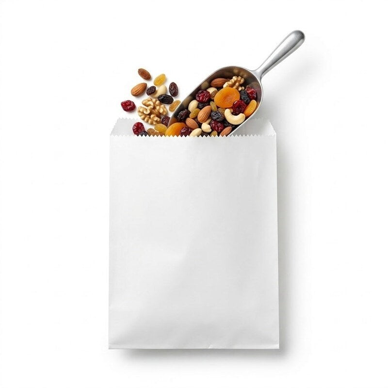 Zeropac 2W White Flat Bag with scoop of mixed nuts and dried fruits