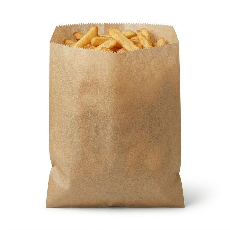 Zeropac 3 long brown glassine bag holding golden fried chips