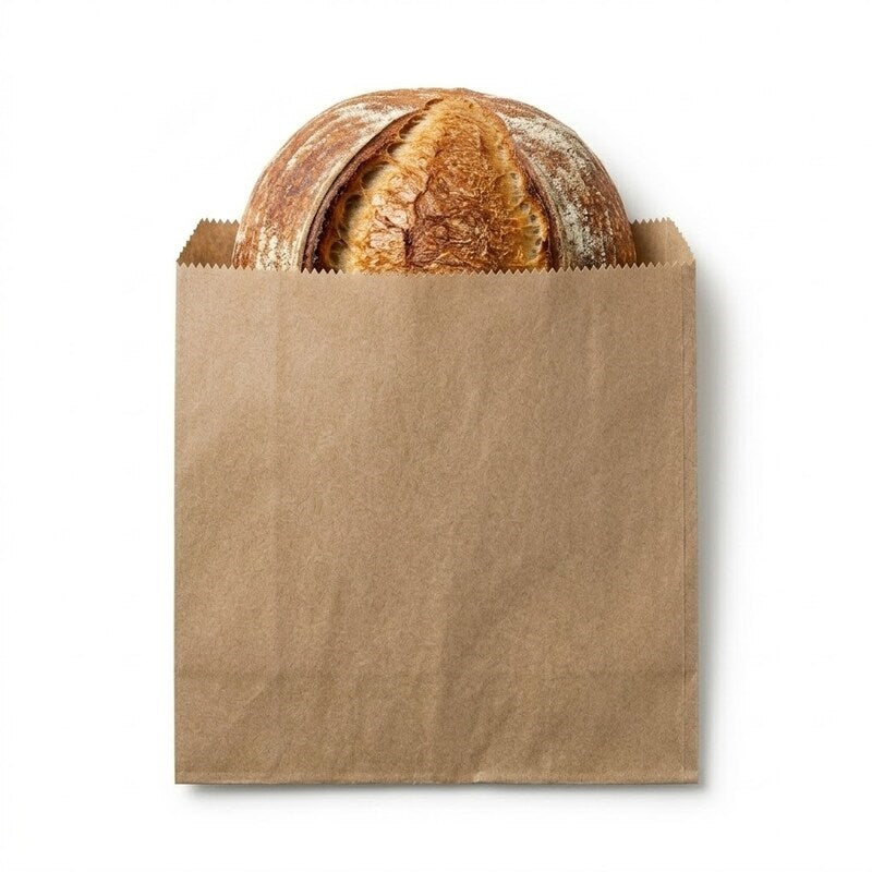 Zeropac 4F Kraft Flat Paper Bag holding an artisan sourdough loaf