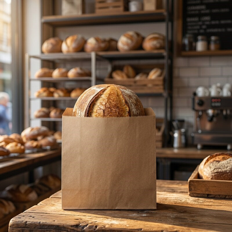 Artisan sourdough in Zeropac 4F Kraft Flat Paper Bag at bakery counter