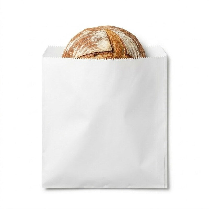 Zeropac 4F White Flat Paper Bag holding an artisan sourdough loaf