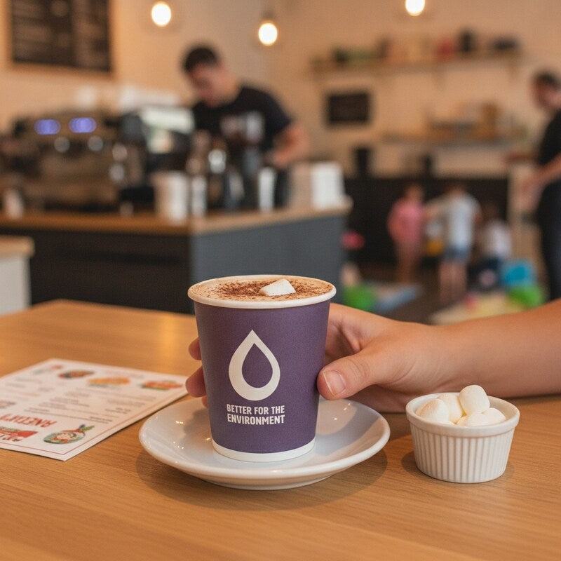Person holding Zeropac 4oz cappuccino at casual cafe with comfortable seating