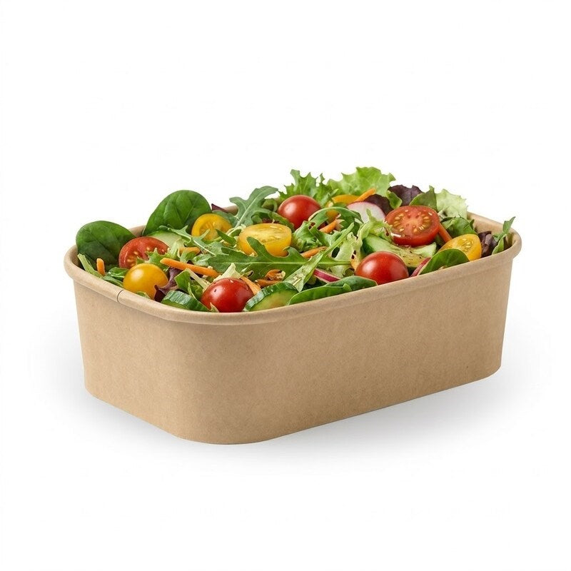 Zeropac 650ml kraft paper rectangular container holding fresh mixed salad with lettuce, tomatoes, and carrots
