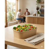 Zeropac kraft paper container with salad on wooden table at casual restaurant with people dining