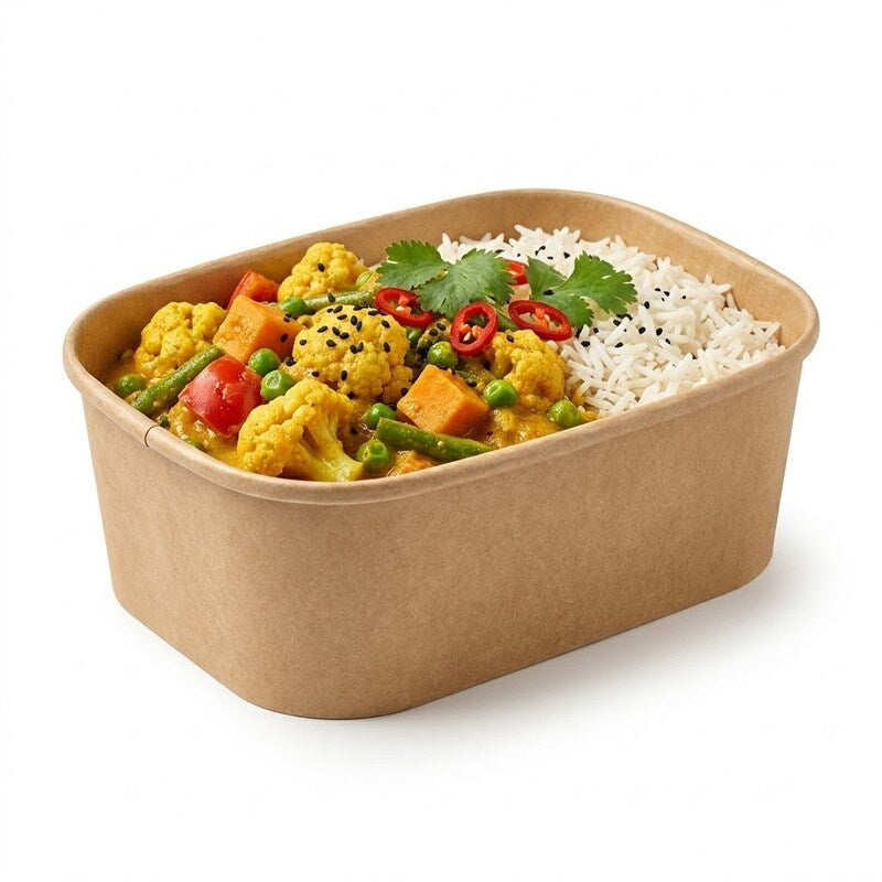 Zeropac Kraft Container 750ml holding curry rice with vegetables and herbs