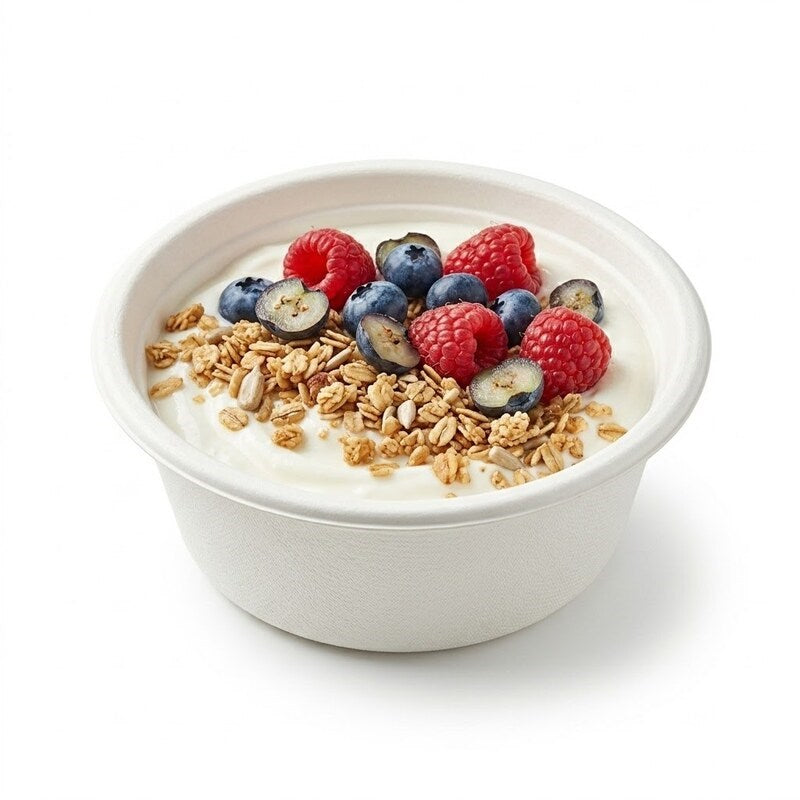 Zeropac 8oz bowl with yogurt, granola, raspberries, and blueberries