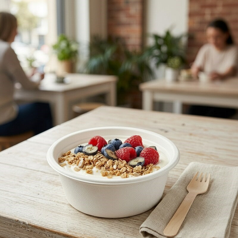 Person enjoying yogurt with berries and granola in Zeropac bowl at cafe