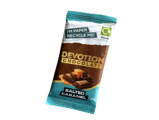 Recyclable chocolate confectionery packet with Hydropol paper coex coating