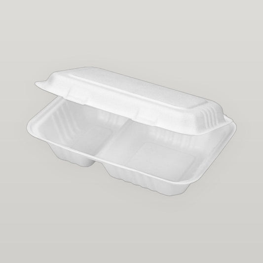 White 9" X 6" 2 Compartment Clamshell