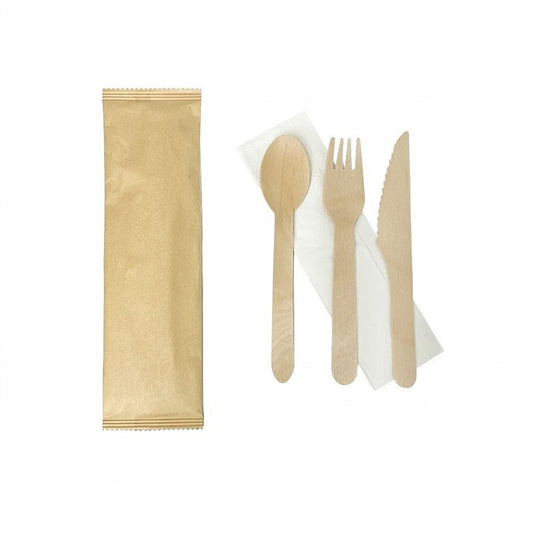 Wooden Cutlery Set with Napkin - Knife Fork Spoon