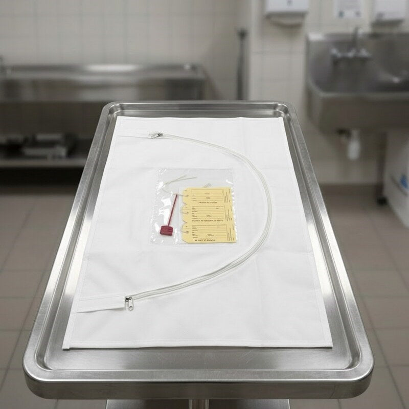 Zeropac adult mortuary body bag on stainless steel table in mortuary facility