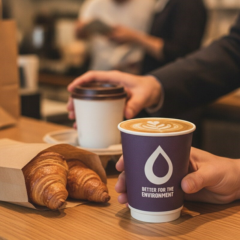 Person holding Zeropac 12oz Double Wall Coffee Cup with latte at cafe table with croissants